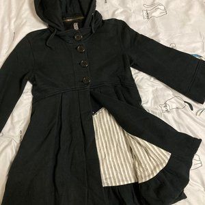 Black Button Empire-Waist Hooded Pleated Flare Coat